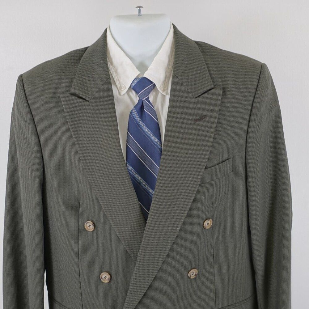 Savile Row Wool Double‎ Breasted Peak Lapel Blazer Green Check 40L